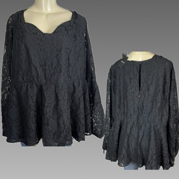 Torrid Tops - Torrid +6 Black Sweetheart Neckline Lace Lined Keyhole Long Sleeve Peplum Blouse